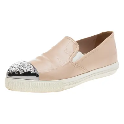 Miu Miu Beige Patent Leather Crystal Embellished Pointed Cap Toe Slip On Sneakers Size