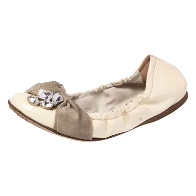 Miu Miu Cream Patent Leather Crystal Embellished Scrunch Ballet Flats Size