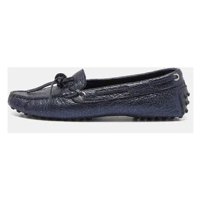 Tod's Metallic Blue Foil Leather Gommino Bow Slip On Loafers Size 36.5