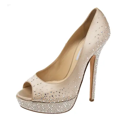 Jimmy Choo Beige Crystal Embellished Satin Peep-Toe Platform Pumps Size