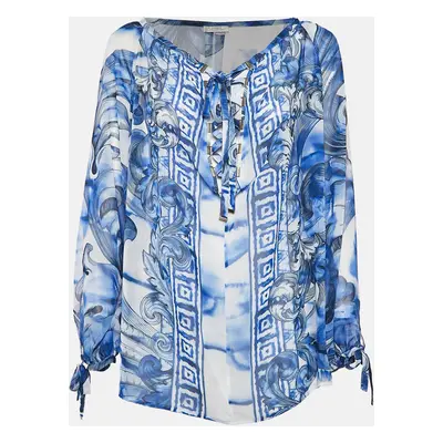 Versace Collection White/Blue Printed Chiffon Lace-Up Top