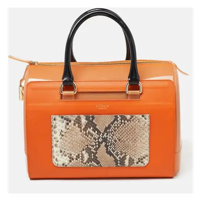 Furla Orange/Brown Rubber and Snakeskin Embossed Leather Candy Satchel