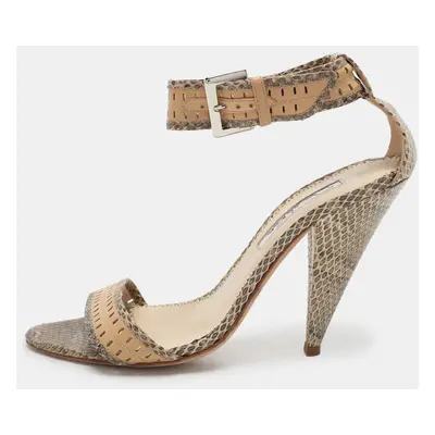 Oscar de la Renta Beige/Brown Snakeskin Ankle Strap Sandals Size 37.5