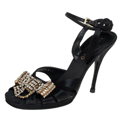 Valentino Black Satin Bow Crystal Embellished Ankle strap Sandals Size