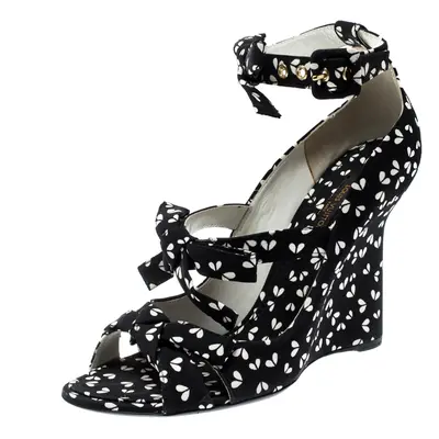 Louis Vuitton Black Printed Fabric Bow Ankle Strap Wedges Sandals Size