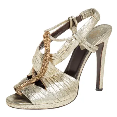 Roberto Cavalli Gold Python Snake Embellished Slingback Sandals Size