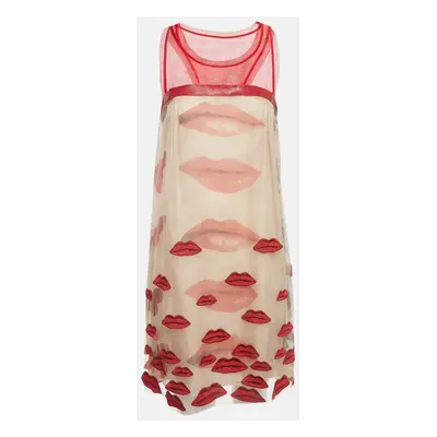 Philosophy di Alberta Ferretti Red/Beige Lip Applique Tulle Dress