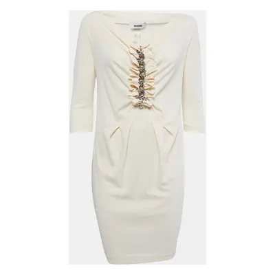 Moschino Vintage Cream Jersey Ruffled Chain Detail Midi Dress