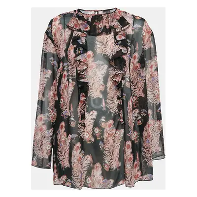 Giamba Black Feather-Floral Print Chiffon Ruffled Blouse