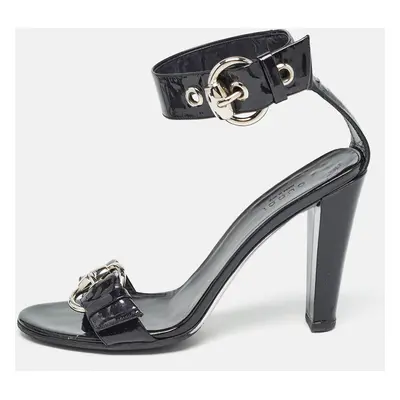 Gucci Black Patent Leather Buckle Detail Ankle Strap Sandals Size 38.5