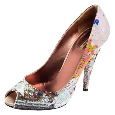 Miu Miu Multicolor Sequins Embellished Fabric Peep-Toe Pumps Size