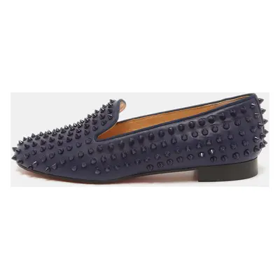 Christian Louboutin Navy Blue Leather Dandelion Spike Slip On Loafers Size