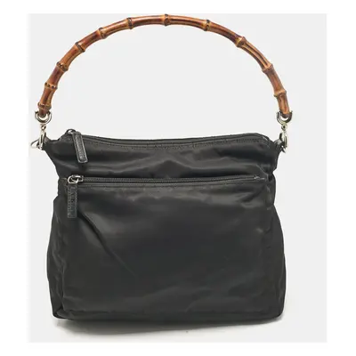 Gucci Black Nylon and Patent Leather Bamboo Hobo