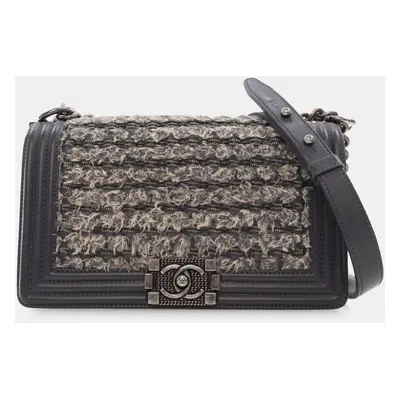 Chanel Gray Tweed and Calfskin Leather Medium Braided Boy Flap Bag