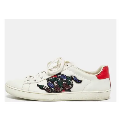 Gucci White Leather Snake Crystal Embellished Ace Low Top Sneakers Size 38.5