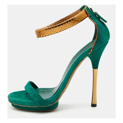 Gucci Green/Gold Suede and Snakeskin Leather Ankle Strap Sandals Size