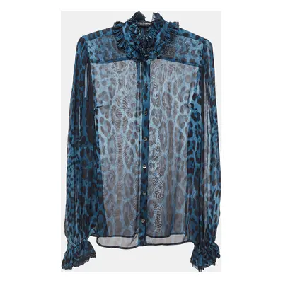 Dolce & Gabbana Blue Leopard Print Silk Ruffled Semi Sheer Shirt