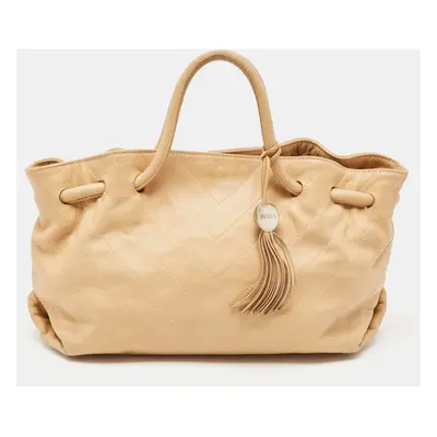 Furla Beige Leather Drawstring Metal Handle Shoulder Bag