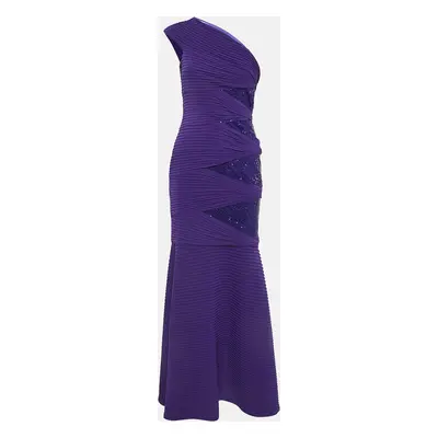 Tadashi Shoji Purple Pintuck Jersey Sequin Detail One Shoulder Gown