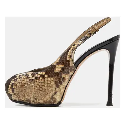 Gianvito Rossi Beige/Brown Python Leather Peep Toe Slingback Pumps Size 38.5