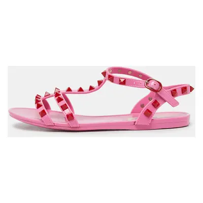 Valentino Pink Rubber Rockstud Ankle-Strap Flats Size