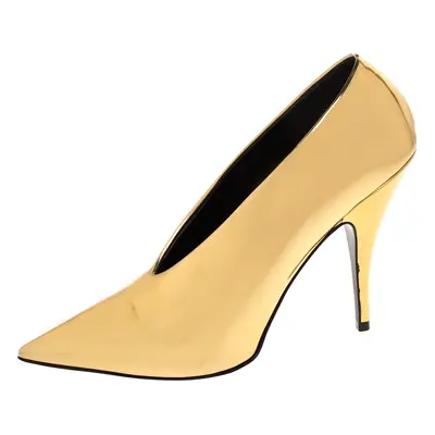 Stella McCartney Metallic Gold Faux Patent Leather V Neck Pointed Toe Pumps Size