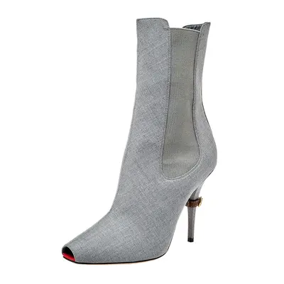 Burberry Grey Canvas And Elastic Fabric Peep Toe Kenzie Ankle Boots Size 39.5