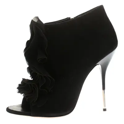 Giuseppe Zanotti Black Suede Peep Toe Silk Ruffle Detail Ankle Booties Size 40.5