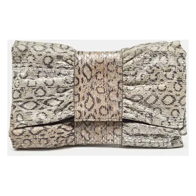 Furla Grey/Silver Snakeskin Embossed Leather Bow Clutch