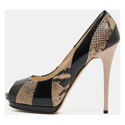 Giuseppe Zanotti Tricolor Embossed Python and Patent Leather Platform Peep Toe Pumps Size