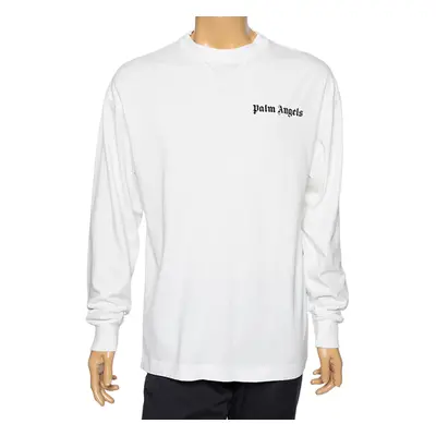 Palm Angels White Cotton Logo Printed Detail Long Sleeve Crewneck T-Shirt