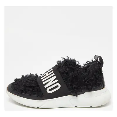 Moschino Black Leather and Faux Fur Logo Slip On Sneakers Size