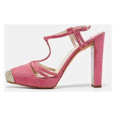 Dior Pink Suede Crystal Embellished T-Strap Sandals Size 37.5