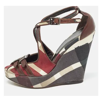 Burberry Multicolor Canvas and Leather Check Wedge Sandals Size