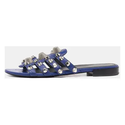 Balenciaga Navy Blue Leather Arena Studded Flat Sandals Size