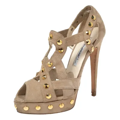 Brian Atwood Beige Cut-Out Studded Suede Peep-Toe Platform Pumps Size 37.5