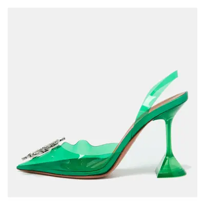 Amina Muaddi Green PVC Crystal Embellished Begum Slingback Pumps Size