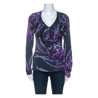 Just Cavalli Navy Blue & Purple Printed Stretch Ruffle Collar Detail Top