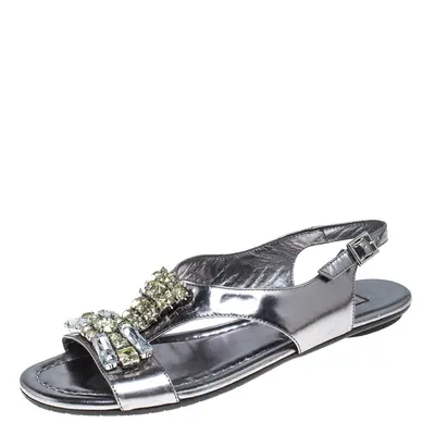 Jimmy Choo Silver Metallic Crystal Embellished Patent Leather Slingback Flat Sandals Size