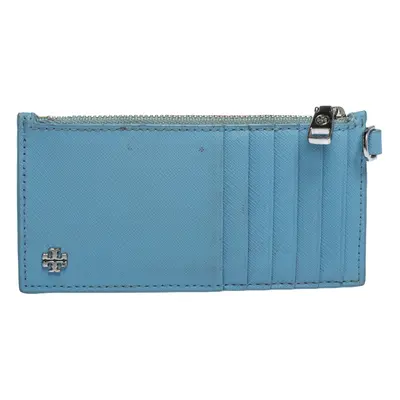 Tory Burch Light Blue Leather Top Zip Slim Card Holder