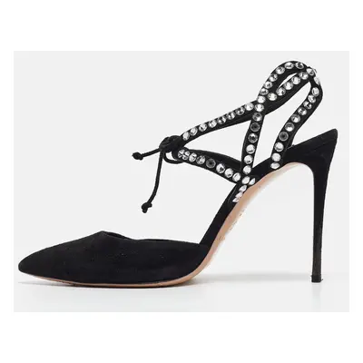 Casadei Black Suede Crystal Embellished Ankle Strap Pumps Size