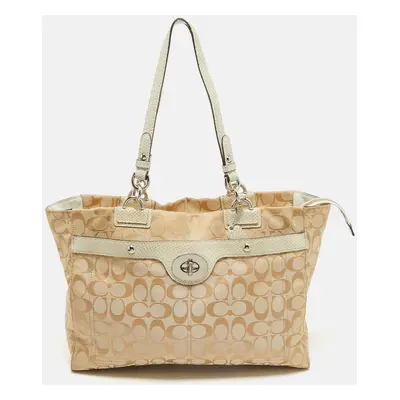 Coach Beige/Off White Signature Canvas and Snakeskin Embossed Leather Penelope Tote