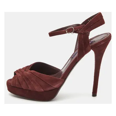 Ralph Lauren Burgundy Suede Peep Toe Platform Ankle Strap Sandals Size