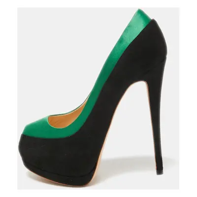 Giuseppe Zanotti Black/Green Suede and Satin Peep Toe Platform Pumps Size