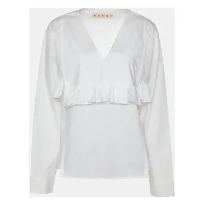 Marni White Cotton Ruffle Detail V-Neck Top