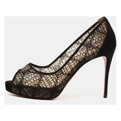 Christian Louboutin Black Lace and Suede Very Lace Peep Toe Pumps Size 36.5