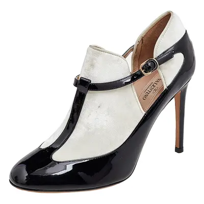 Valentino Black/White Patent Leather And Velvet T Strap Pumps Size