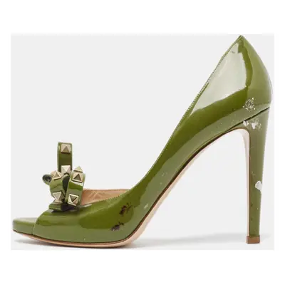 Valentino Army Green Patent Leather Rockstud Bow Open Toe D'orsay Pumps Size 39.5