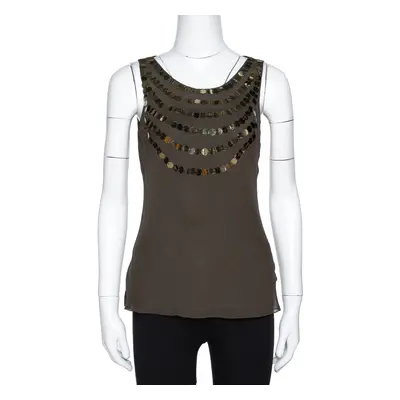 Joseph Olive Green Silk Sequin Embellished Sleeveless Top