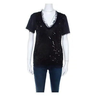 RED Valentino Black Knit Sequined Lace Trim V Neck Top